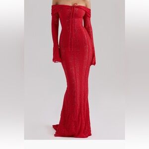 House of CB Red Lace Off-the-Shoulder Mermaid Gown